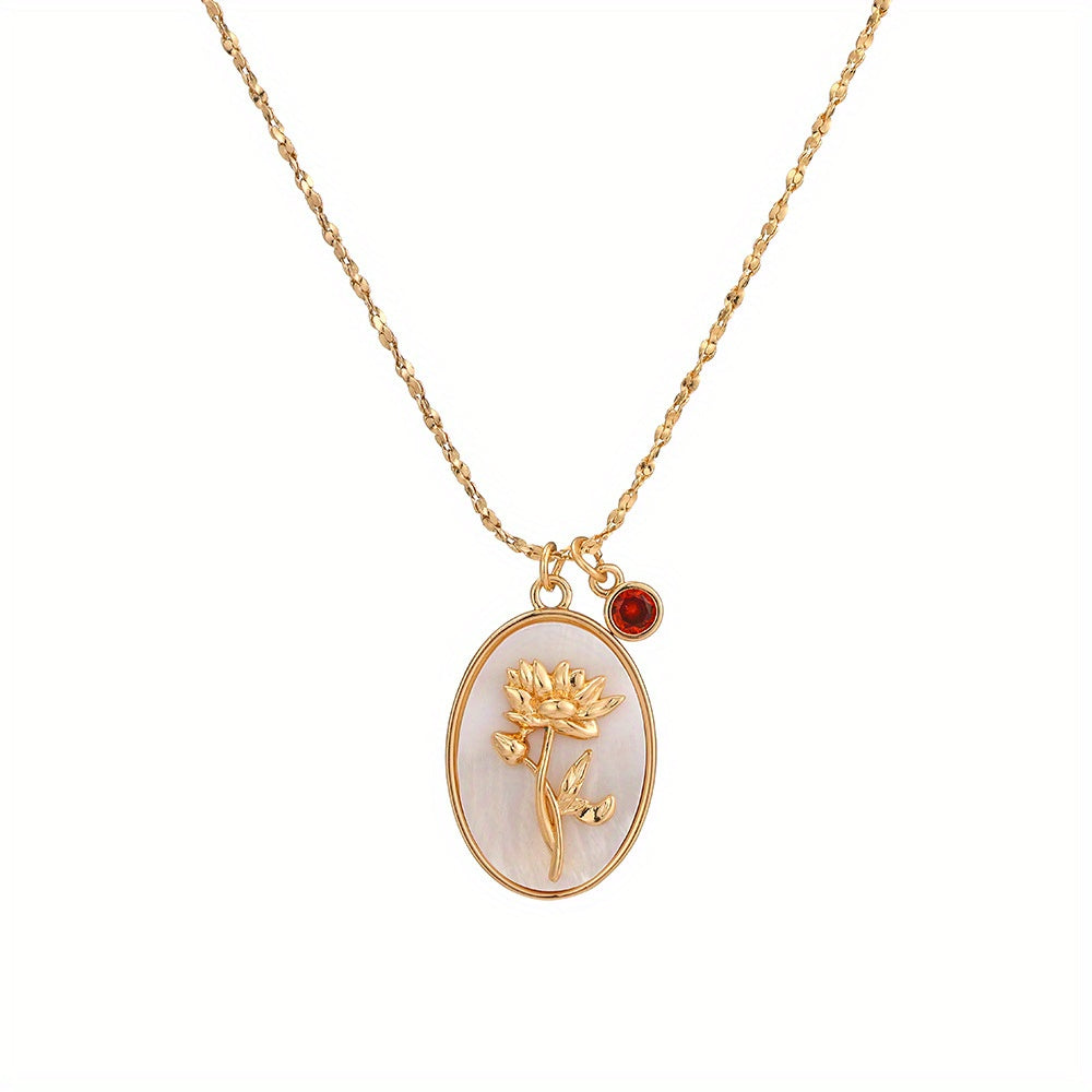 A Three-Dimensional Oval-Shaped Pendant Necklace Made of Golden with a Birthstone And White Mother-Of-Pearl, Featuring a December Flower Design