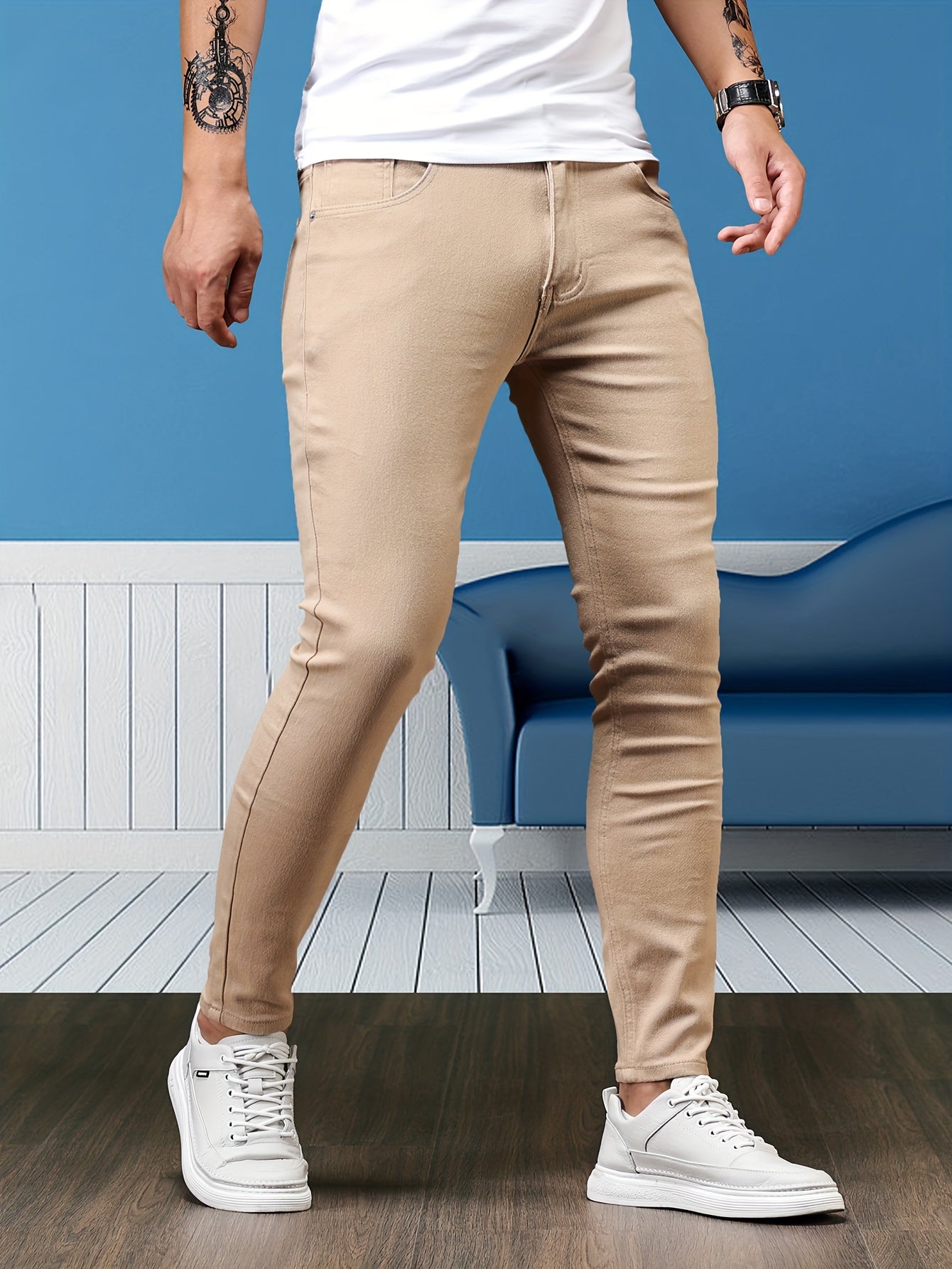 Mid Stretch Slim Fit Jeans, Men's Casual Street Style Contrast Stitching Denim Pants For Spring Summer