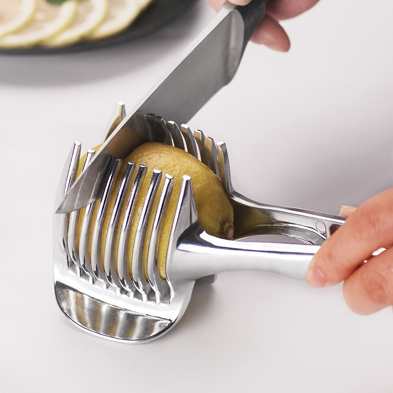1pc Tomato Lemon Slicer, Round Fruit Onion Slicer with Knife Handle Guide Pliers, Stainless Steel Kitchen Potato Lime Food Holder