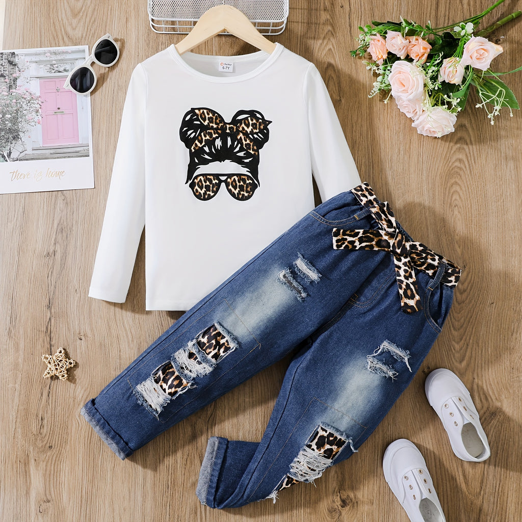 2pcs Girl's Figure Print Long-sleeve Tee and Belted Ripped Denim Jeans Set, Casual Outdoor Clothing