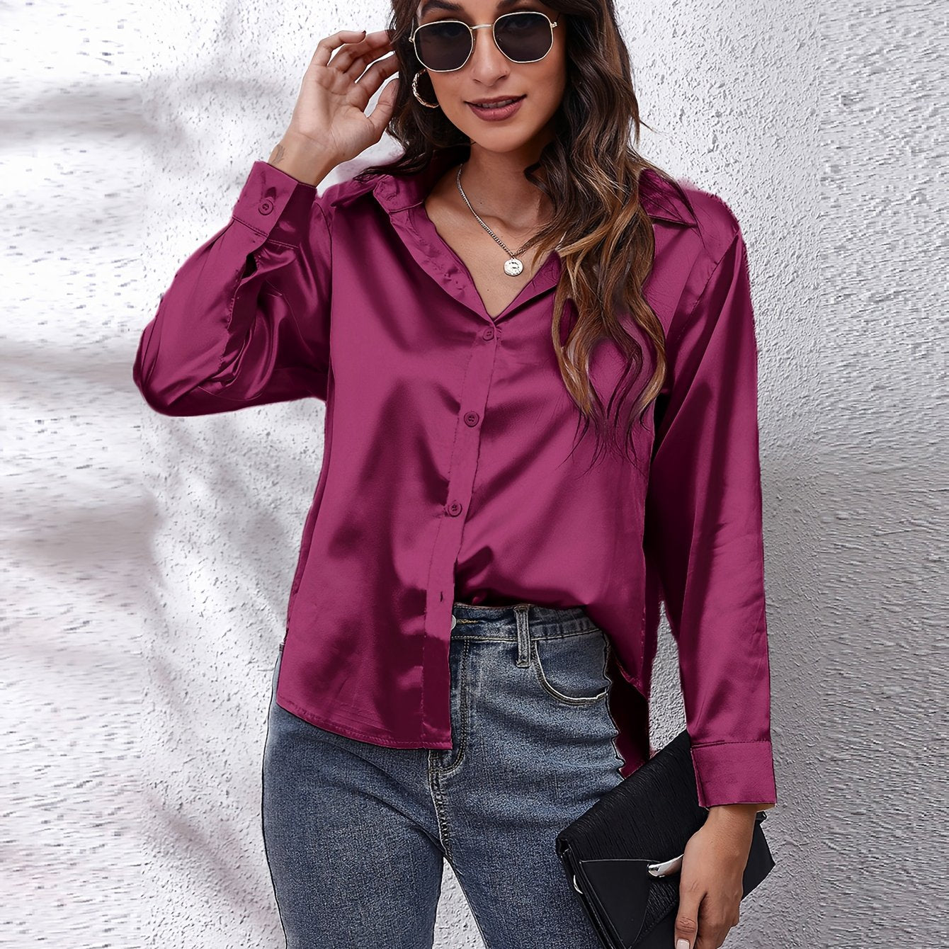 Hot Style In-Kind Shooting Satin Shirt Women'S Satin Imitation Long-Sleeved Shirt New European And American Cross-Border Women'S Clothing