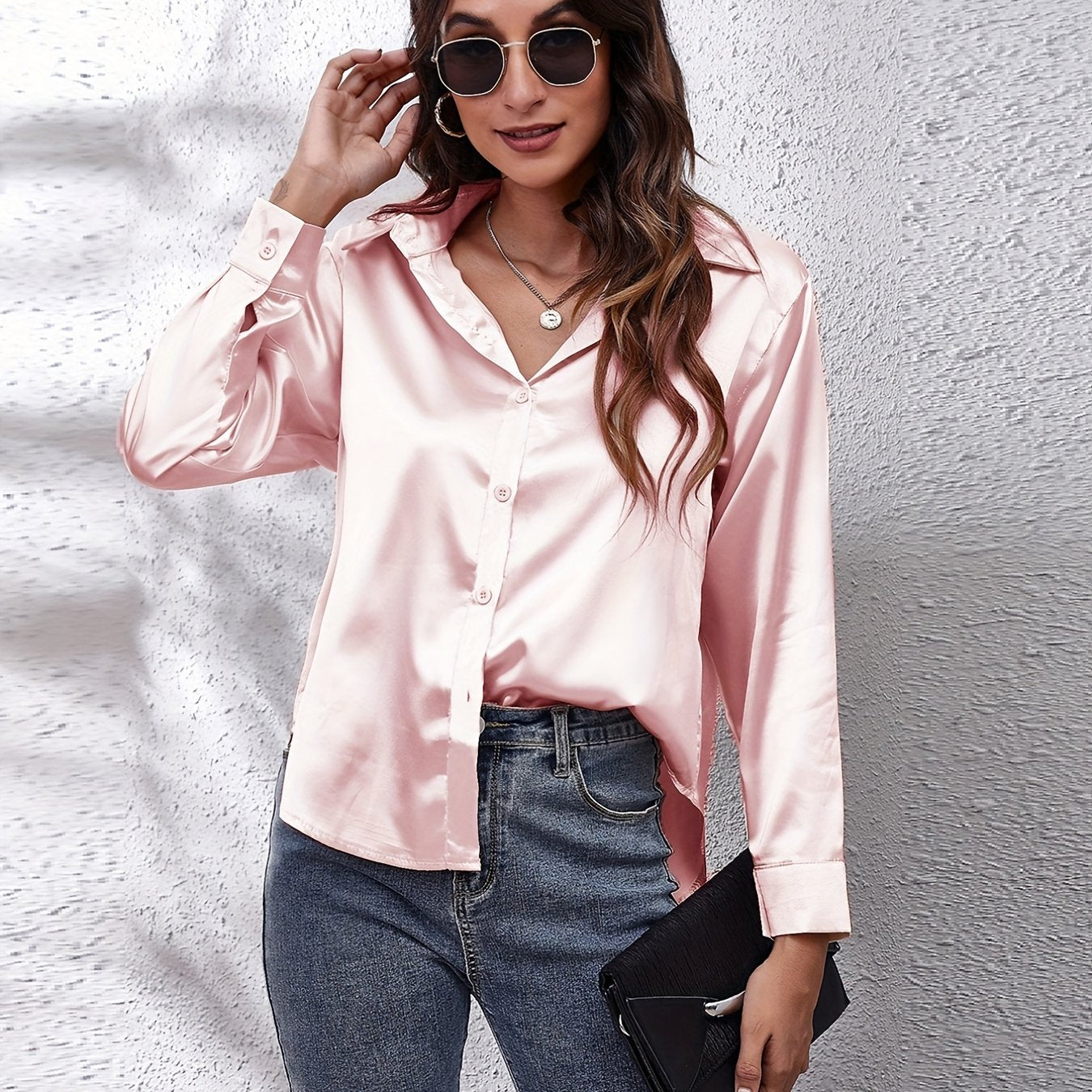 Hot Style In-Kind Shooting Satin Shirt Women'S Satin Imitation Long-Sleeved Shirt New European And American Cross-Border Women'S Clothing