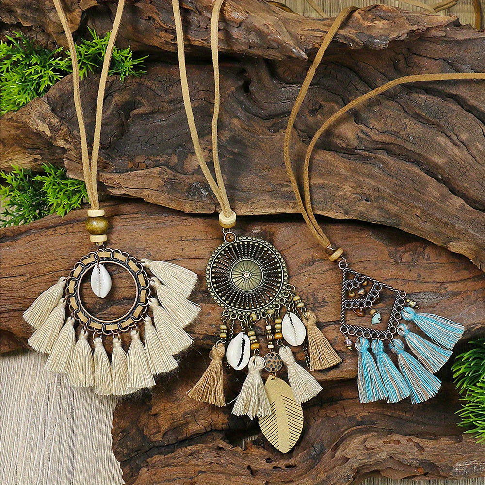 3pcs Ethnic Style Women's Fashion Pendant Necklace Set with Floral Tassel Pendant, Bronze Enamel Drip Zinc Alloy with Glass Rhinestone Inlay, Vintage Necklace
