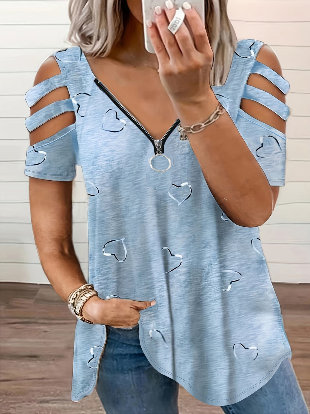 Plus Size, 2021 European and American Cross-Border Wish Women's Fashion V-Neck Zipper Print Short Sleeve Loose Casual T-Shirt Women's Top
