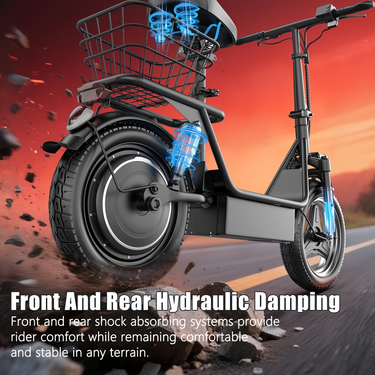 Electric Scooter with Seat, 30 Miles Long Range & 20Mph Top Speed, 14" Pneumatic Tire, Height Adjustable Seat &Handlebar, Dual Suspensions Commuting Scooter with Basket