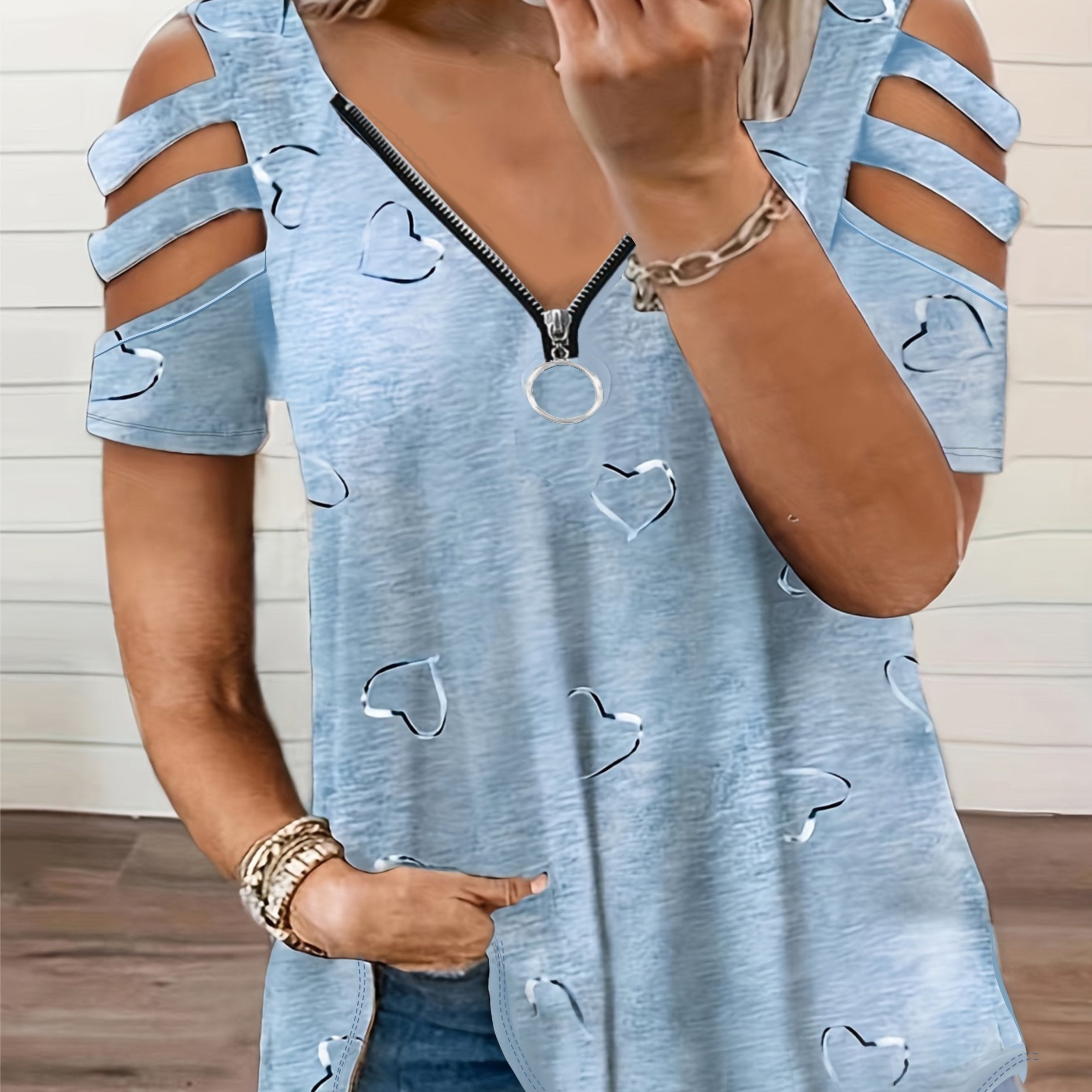 Plus Size, 2021 European and American Cross-Border Wish Women's Fashion V-Neck Zipper Print Short Sleeve Loose Casual T-Shirt Women's Top