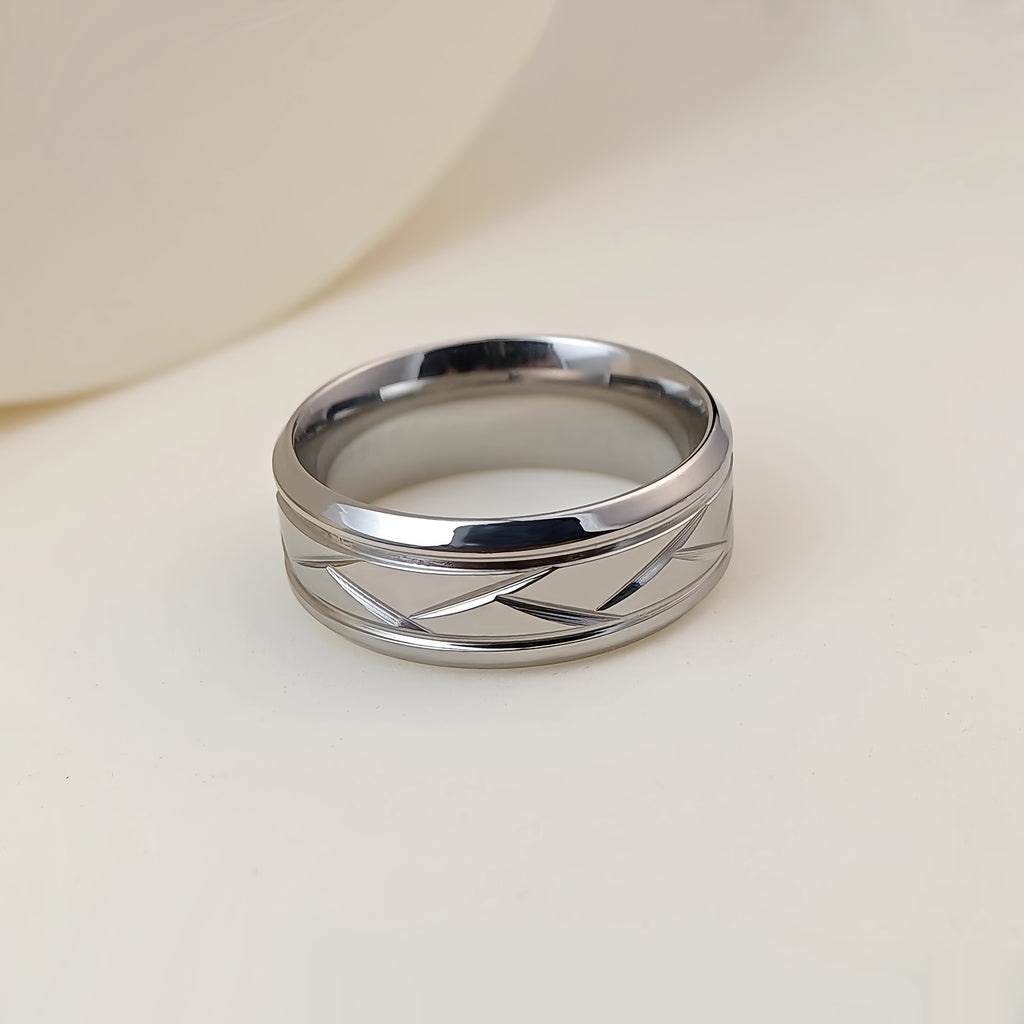 1pc 8MM Luxury Black Titanium Steel Ring - High Quality, Fashion Simple Design, Black Stainless Steel Wire Groove Tire Ring - For Men - Perfect Gift for Him - Anniversary, Birthday, Valentine's Day
