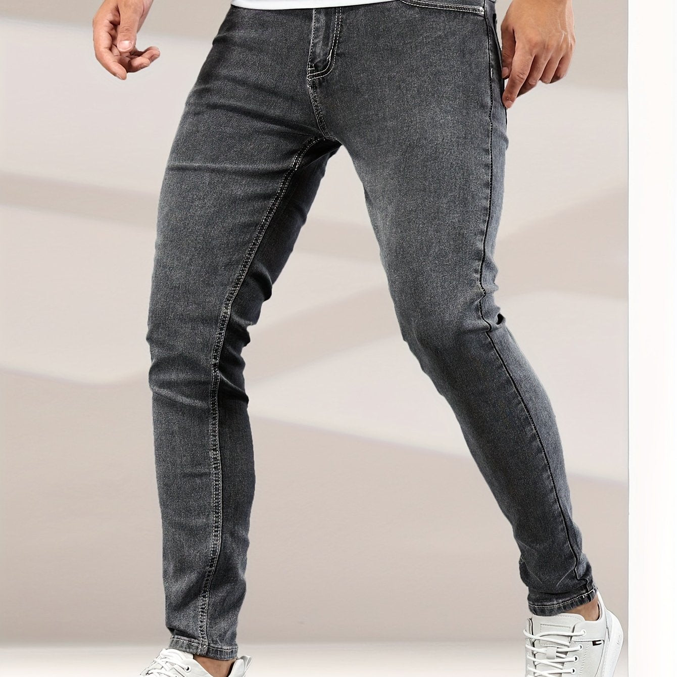Mid Stretch Slim Fit Jeans, Men's Casual Street Style Contrast Stitching Denim Pants For Spring Summer