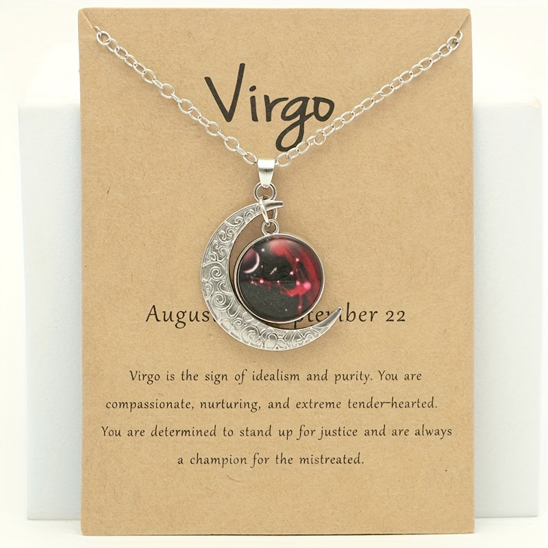 Glow-in-the-Dark Zodiac Necklace with Vintage Moon Pendant - Stylish Aquarius/Sagittarius/Leo/Leprechaun/Night & Sun Signs, Colorful Glass Charms, Zinc Alloy, Perfect Gift for Men