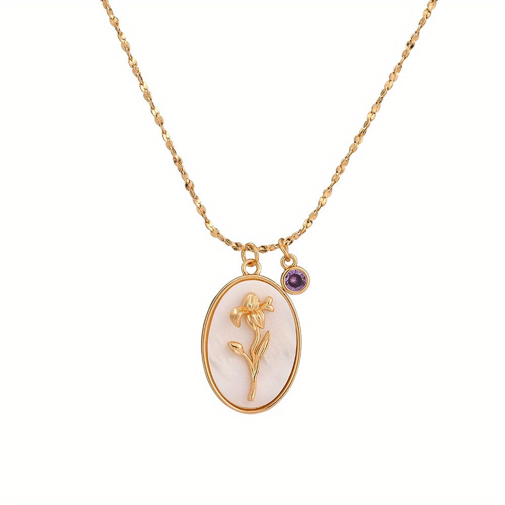 A Three-Dimensional Oval-Shaped Pendant Necklace Made of Golden with a Birthstone And White Mother-Of-Pearl, Featuring a December Flower Design