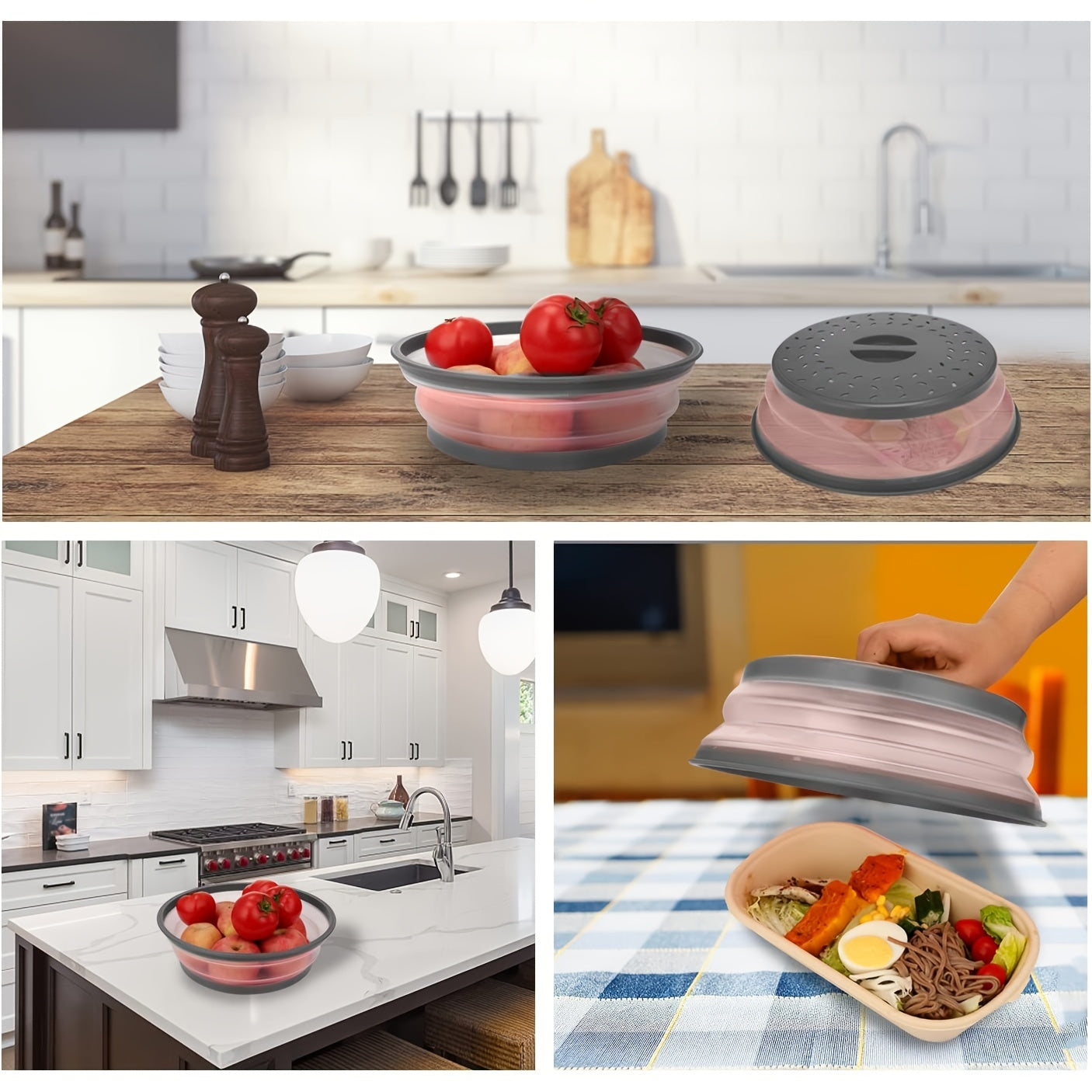 1pc Collapsible Microwave Food Cover, BPA Free TPR, 10.5 Inch, Round With Handle, Microwave Plate Protector Cover With Steam Vent And Strainer, For Fruit (Grey)