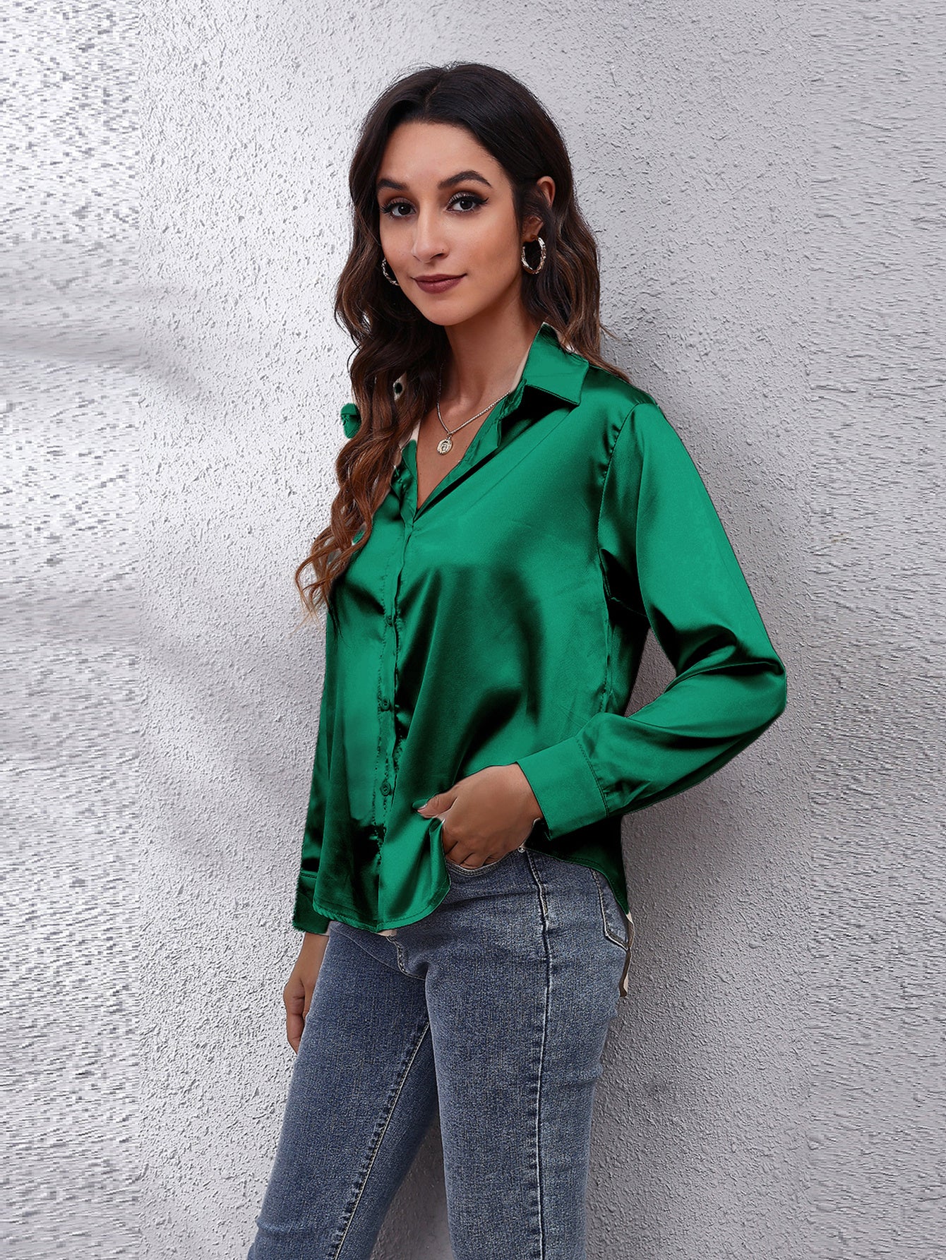 Hot Style In-Kind Shooting Satin Shirt Women'S Satin Imitation Long-Sleeved Shirt New European And American Cross-Border Women'S Clothing