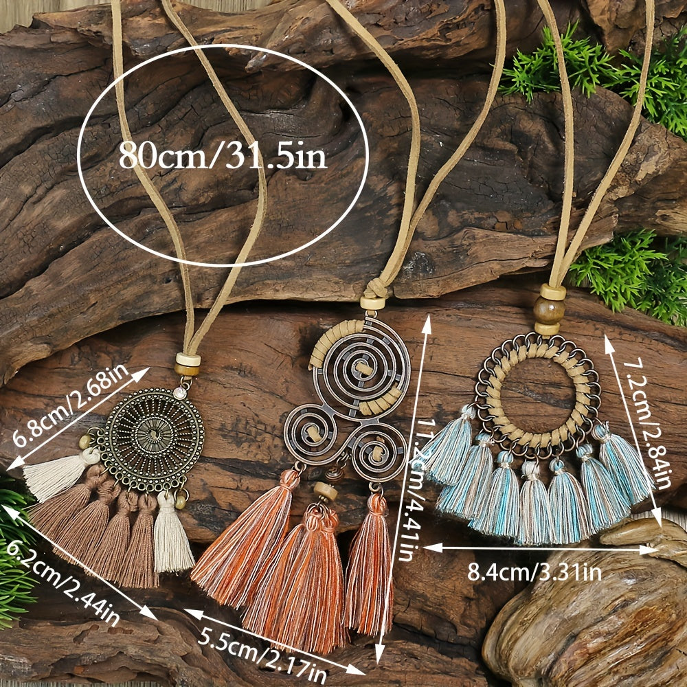 3pcs Ethnic Style Women's Fashion Pendant Necklace Set with Floral Tassel Pendant, Bronze Enamel Drip Zinc Alloy with Glass Rhinestone Inlay, Vintage Necklace