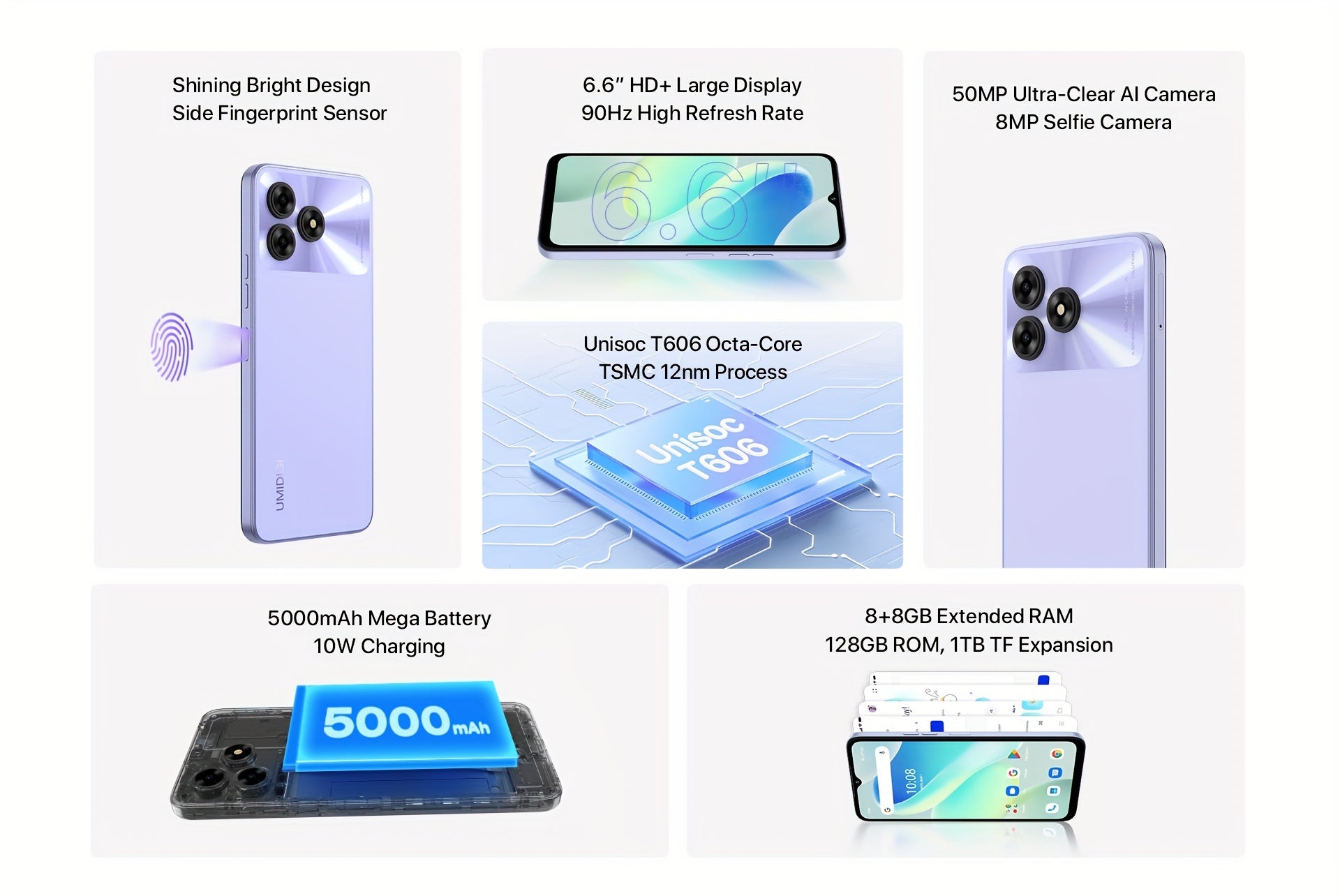 UMIDIGI Entsperrtes Handy, G5 Unisoc T606, 8GB +128GB Android 13 Smartphone Entsperrt Mit 6.6" Vollbild, 50MP+2MP+8MP AI Dreifachkamera, 5000mAh Akku Schnellladung Mobiltelefone