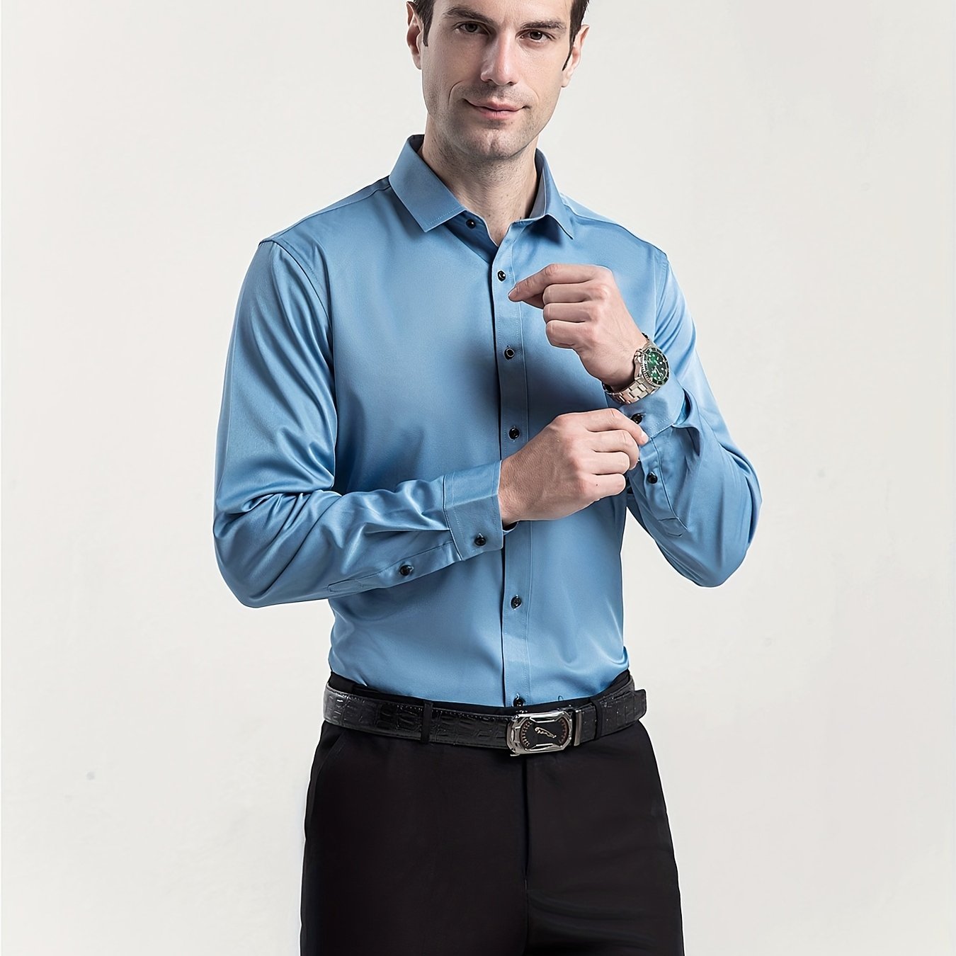 Men'S Stretch Slim-Fit Formal Shirt Without Pockets, Light Business Turn- Collar Long-Sleeved Shirt, Men'S Business Shirt, Wrinkle-Resistant And Durable Solid Color Formal Long-Sleeved Shirt with Buttons And Pockets, Suitable