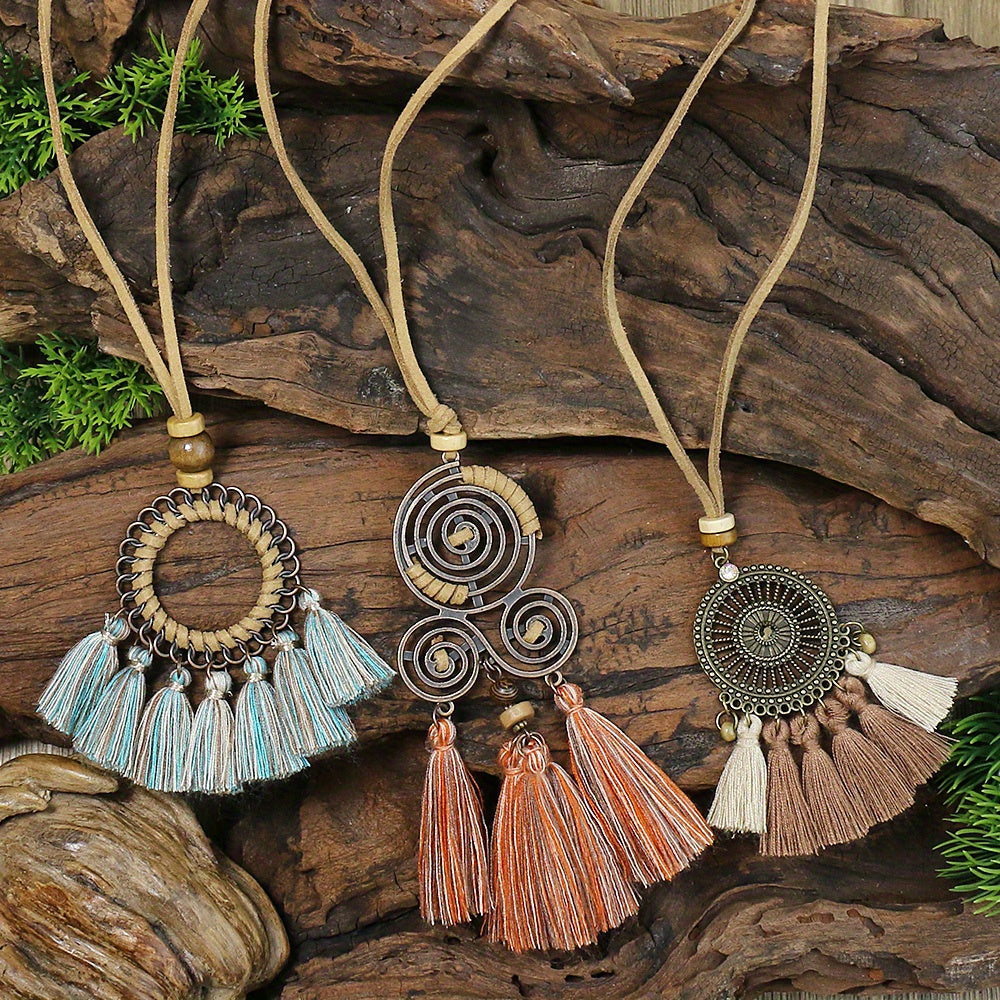 3pcs Ethnic Style Women's Fashion Pendant Necklace Set with Floral Tassel Pendant, Bronze Enamel Drip Zinc Alloy with Glass Rhinestone Inlay, Vintage Necklace