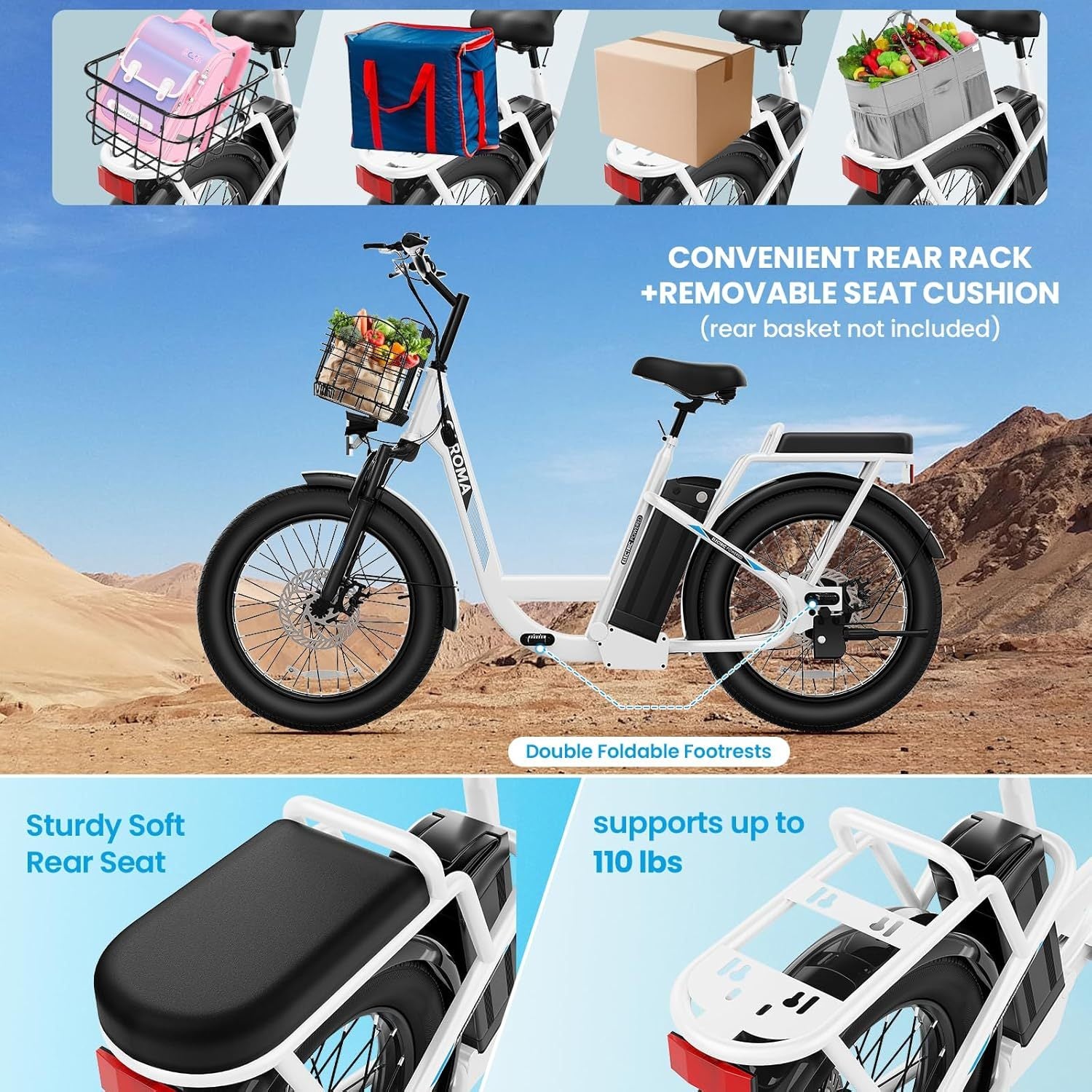 [Electric Scooter, 500W] 500W Electric Scooter, 48V Removable Lithium Battery, Max Range 25 Miles, 20MPH with Seat, with Basket, with Rear Seat, Rear Seat Max Load 110lbs, Shock Absorption, Christmas and New Year Birthday Gif