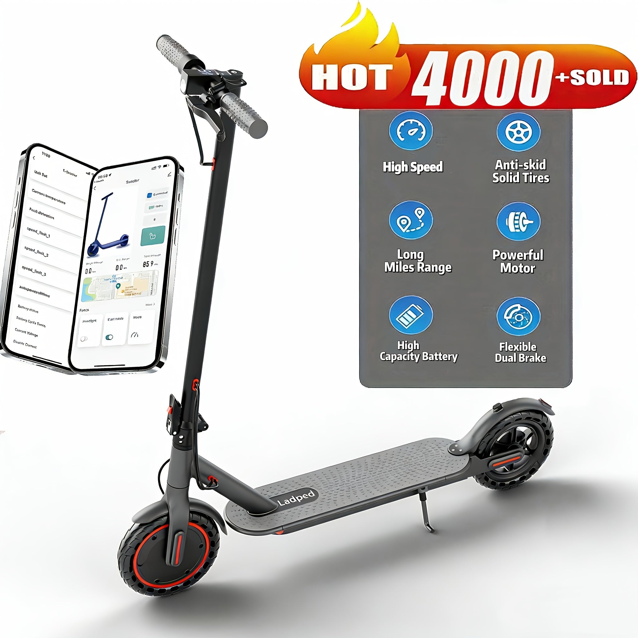 LADPED Multiple Models Folding Electric Scooter, Rated 350W/500W Motor Optional, 5.2AH-14.5AH Battery, with 8.5-10inches Anti-skid Solid Tires, Scooter Electric with Long Range, 15-20MPH Speed Foldable Commuting E-Scooter for