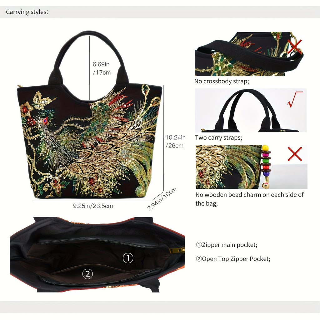 Wo 'S Embroidered Satchel Bag, Fashion Double Handle Purse, Retro Style Handbag with Removable Strap