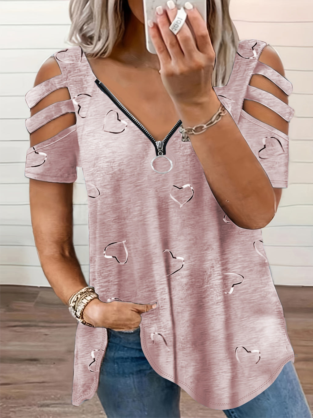 Plus Size, 2021 European and American Cross-Border Wish Women's Fashion V-Neck Zipper Print Short Sleeve Loose Casual T-Shirt Women's Top