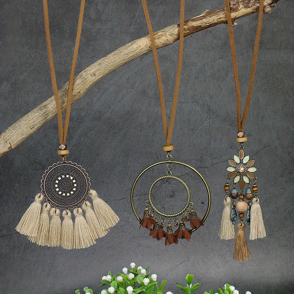 3pcs Ethnic Style Women's Fashion Pendant Necklace Set with Floral Tassel Pendant, Bronze Enamel Drip Zinc Alloy with Glass Rhinestone Inlay, Vintage Necklace