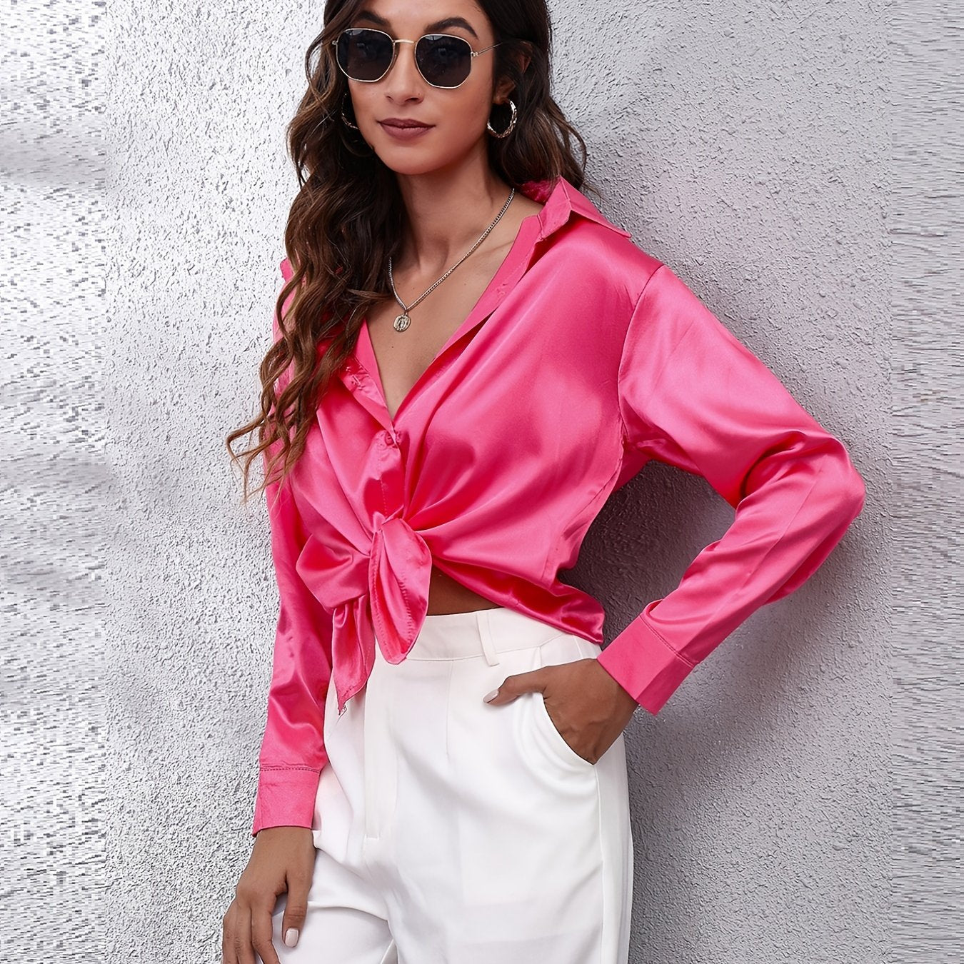 Hot Style In-Kind Shooting Satin Shirt Women'S Satin Imitation Long-Sleeved Shirt New European And American Cross-Border Women'S Clothing