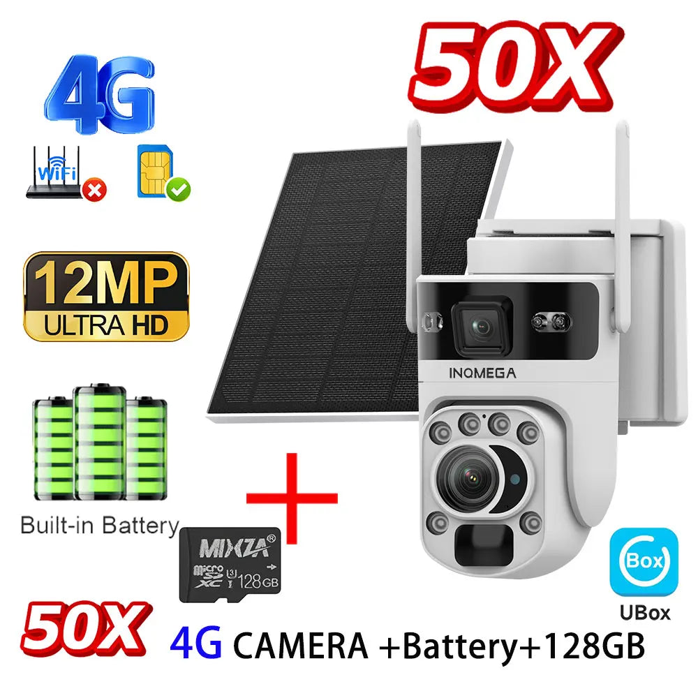 12MP 50X Zoom Dual Lens 4G SIM Solar Camera WIFI Outdoor Surveillance PTZ Human Detection Recording Security Night Vision Camera