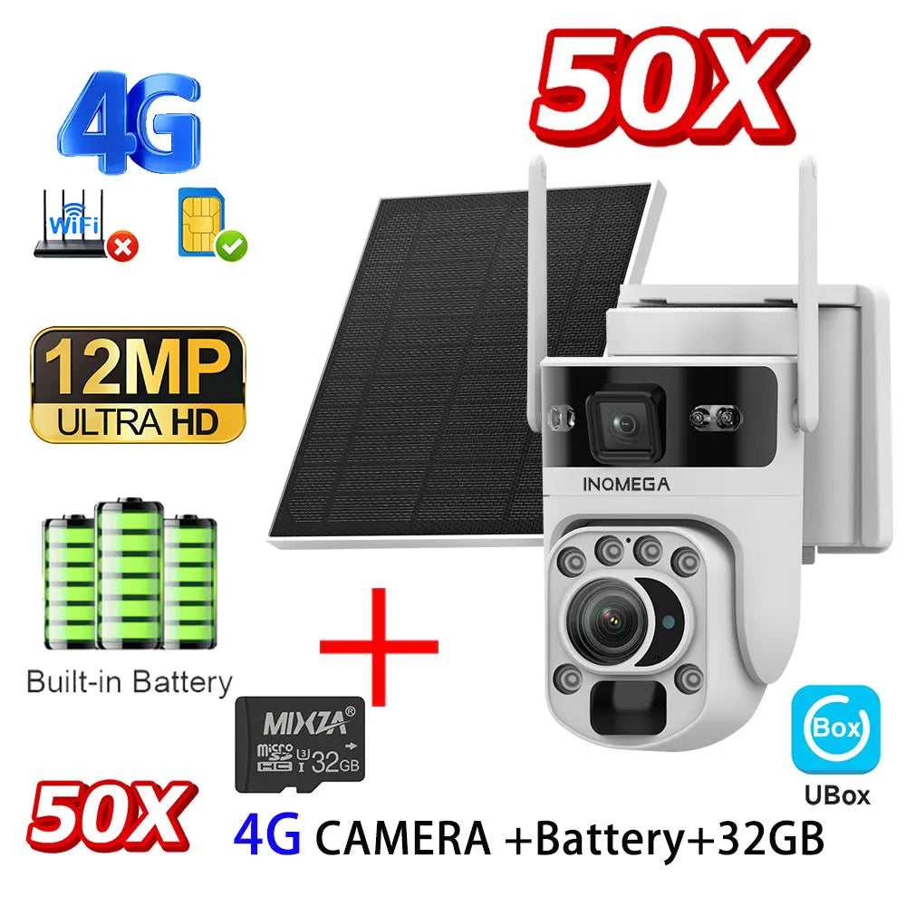 12MP 50X Zoom Dual Lens 4G SIM Solar Camera WIFI Outdoor Surveillance PTZ Human Detection Recording Security Night Vision Camera