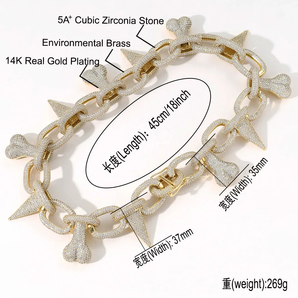 BES 14k High Quality Shiny Gold Plated Iced Out Zirconia Jewelry Hip Hop Bone Charms Necklace Hip Hop Rapper Gangster Jewelry
