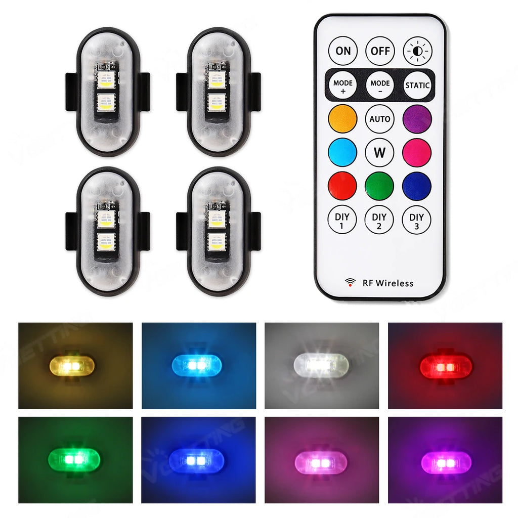 Wireless LED Strobe Lights for Car Motorcycle Drone Aircraft Bike with Remote Control 8 Colors USB Charing LED Warning Light