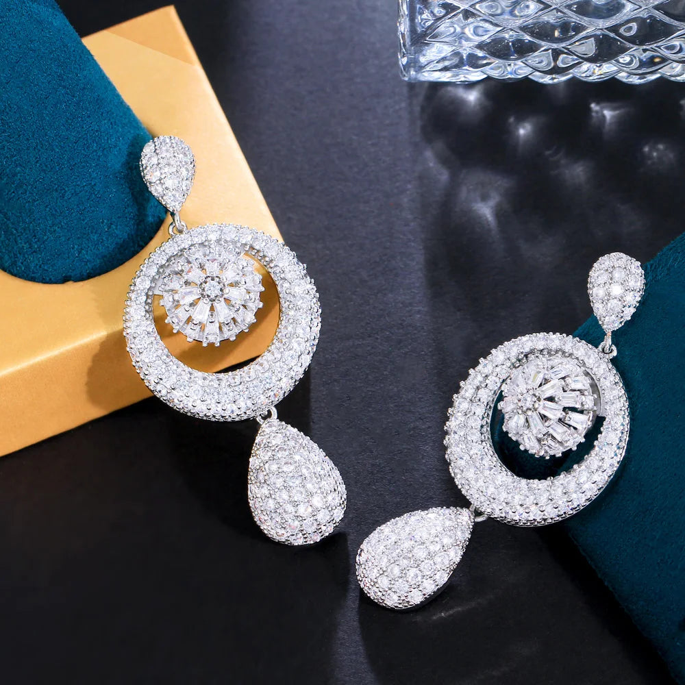 2023 New Dangle Water Droplets Silver Platinum Cubic Zircon Oversized Large Long Wedding Earrings for Brides African CZ Jewelry