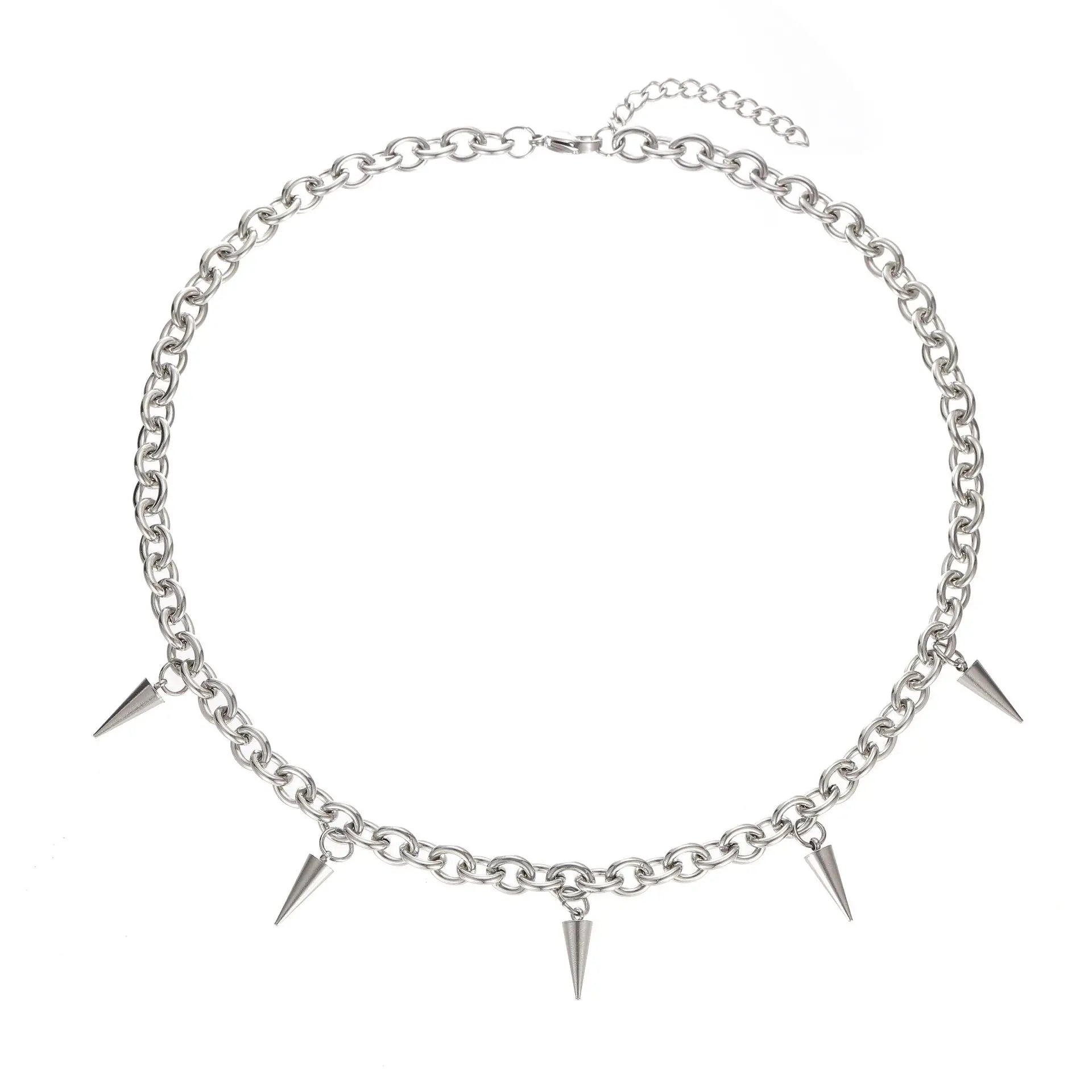 Men's Gothic Punk Style Silver Color Stainless Steel Link Chain Spike Choker Necklace Jewelry For Women
