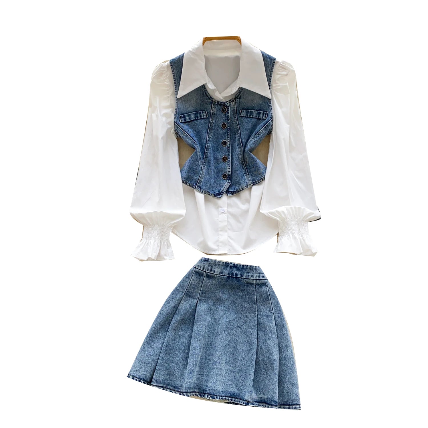 Vintage 3 Piece Set for Women Puff Sleeve Tunic Top And Denim Skirts Suit Ropa Wholesale
