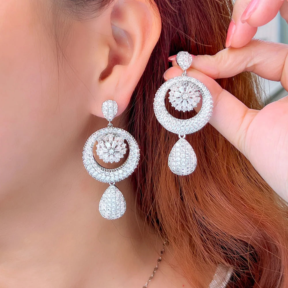2023 New Dangle Water Droplets Silver Platinum Cubic Zircon Oversized Large Long Wedding Earrings for Brides African CZ Jewelry