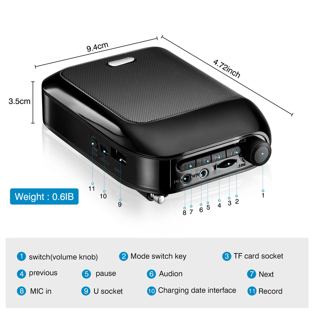 Bluetooth UHF Wireless Voice Amplifier Portable For Teaching Lecture Tour Guide Promotion U-Disk Megaphone Microphone Speaker