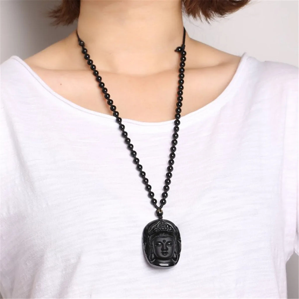 Natürlicher schwarzer Obsidian geschnitzter Jade Guanyin Buddha Kopf Glücksbringer Talisman Halsketten-Anhänger Geschenk