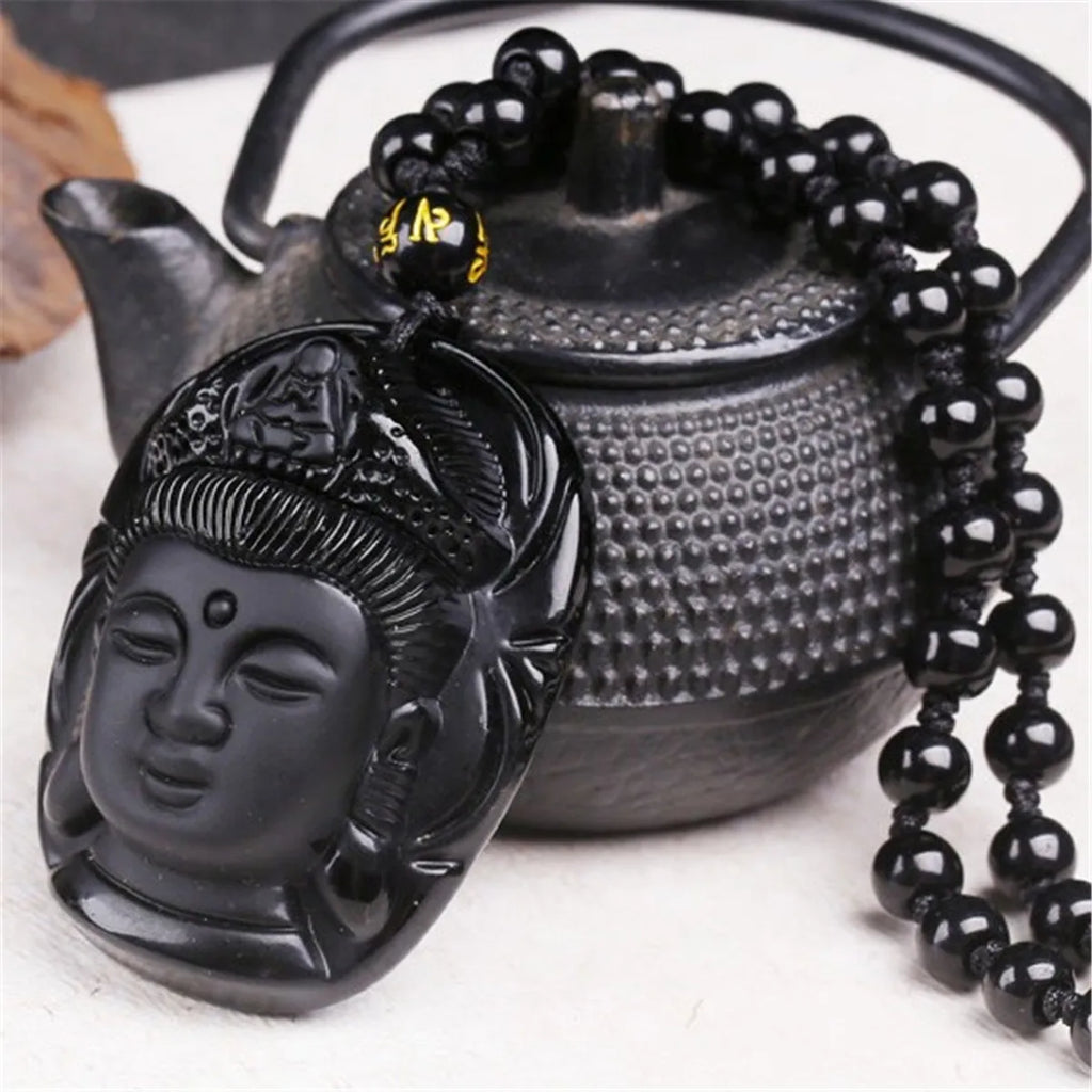 Natürlicher schwarzer Obsidian geschnitzter Jade Guanyin Buddha Kopf Glücksbringer Talisman Halsketten-Anhänger Geschenk