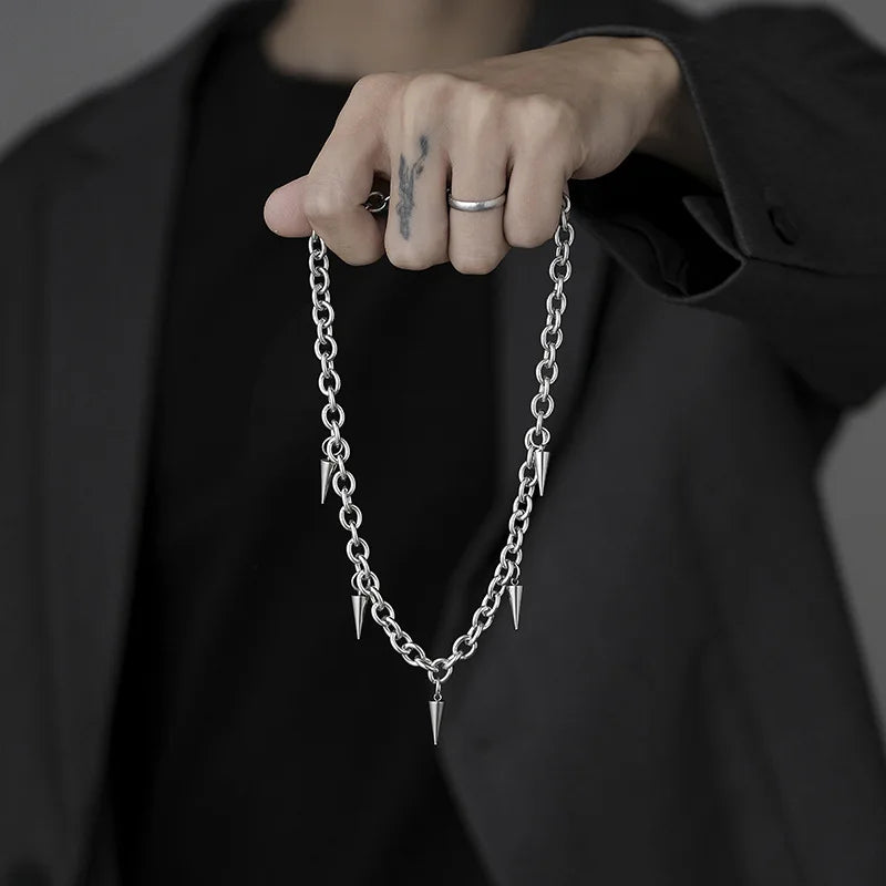 Men's Gothic Punk Style Silver Color Stainless Steel Link Chain Spike Choker Necklace Jewelry For Women