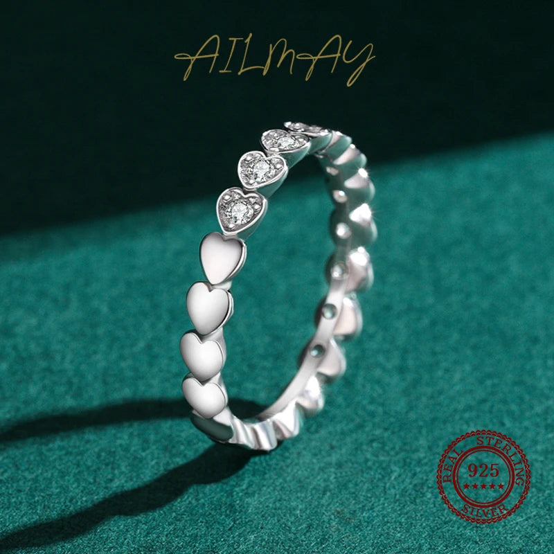 Ailmay Outentieke 925 Sterling Silwer Blink Deursigtige Sirkoon Romantiese Hart Stapelbare Vingerrring Vir Vroue Trou Verloof Juweliersware