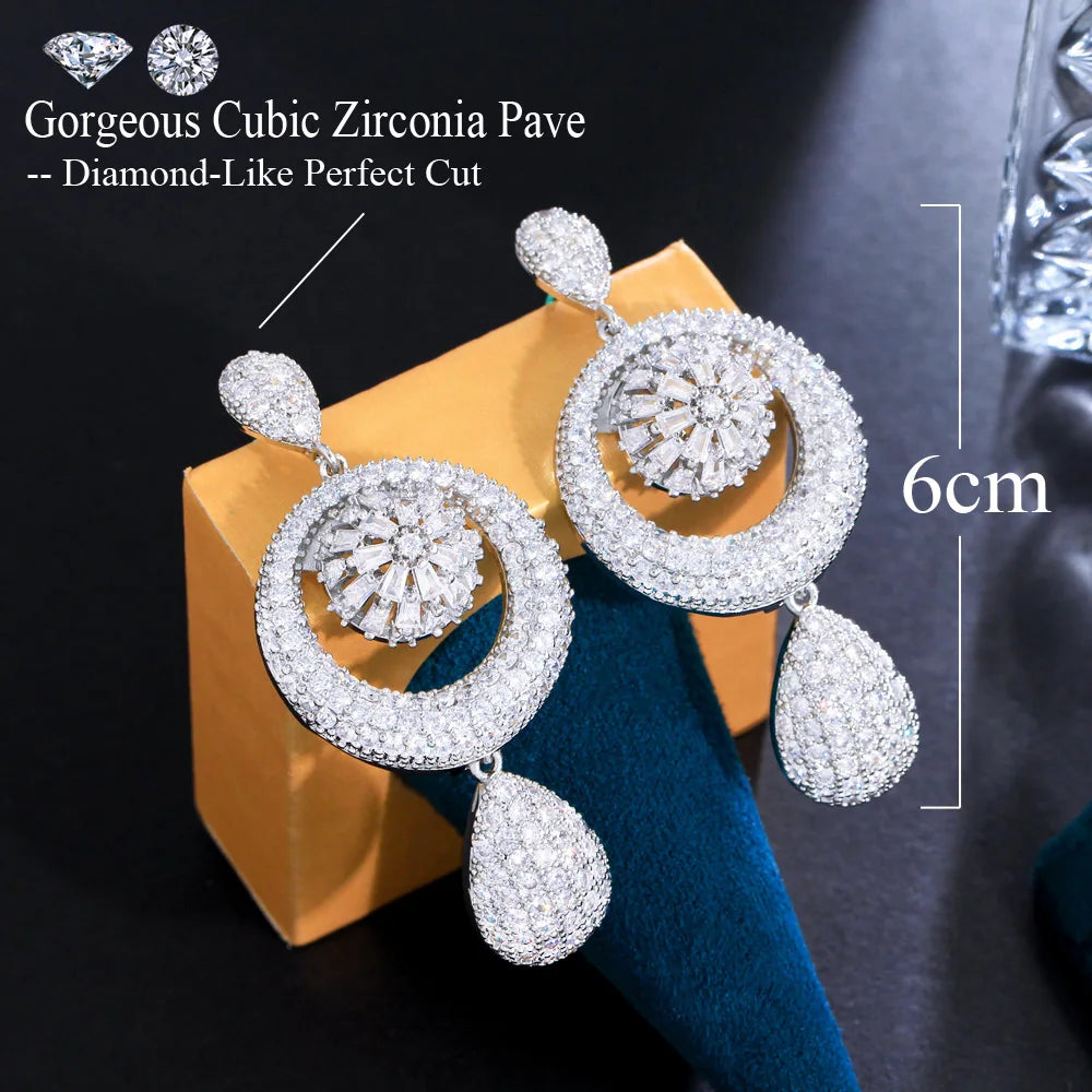 2023 New Dangle Water Droplets Silver Platinum Cubic Zircon Oversized Large Long Wedding Earrings for Brides African CZ Jewelry