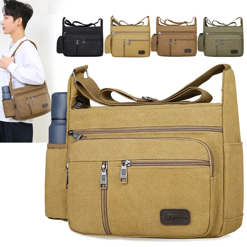 Men's Fashion Vintage Retro Canvas Crossbody Bag with Logo Large Capacity Urban Simplicity Style Zipper Closure Spring