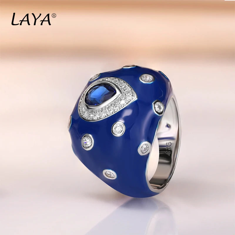 Laya 925 Sterling Silver Retro Style Shining Zircon Synthetic Crystal Blue Enamel Clip Earrings Ring Sets For Women Jewelry