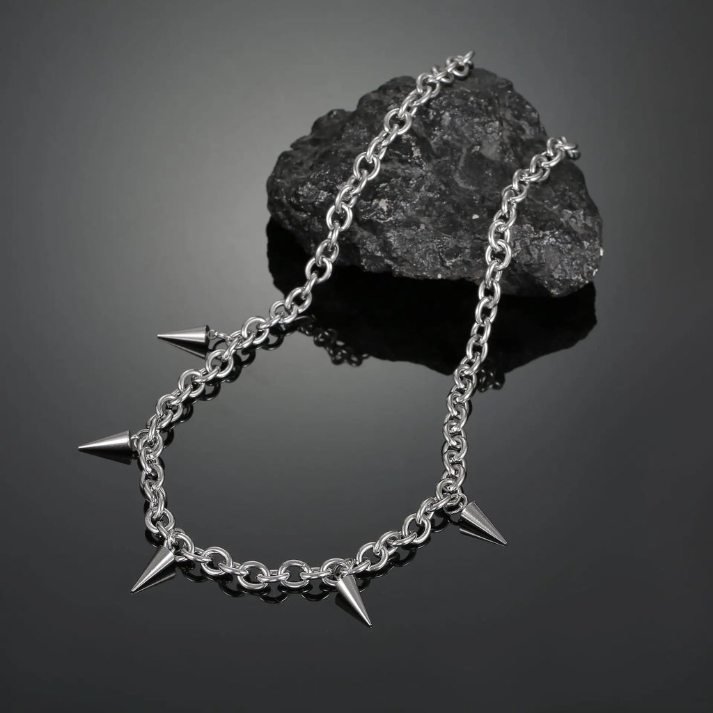 Men's Gothic Punk Style Silver Color Stainless Steel Link Chain Spike Choker Necklace Jewelry For Women