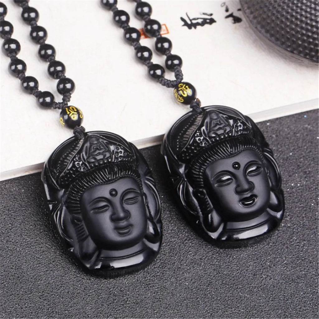 Natürlicher schwarzer Obsidian geschnitzter Jade Guanyin Buddha Kopf Glücksbringer Talisman Halsketten-Anhänger Geschenk