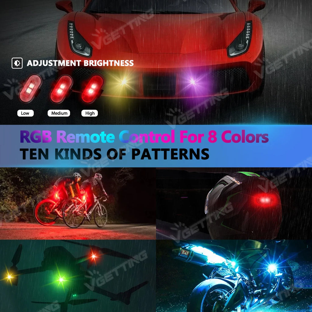 Wireless LED Strobe Lights for Car Motorcycle Drone Aircraft Bike with Remote Control 8 Colors USB Charing LED Warning Light