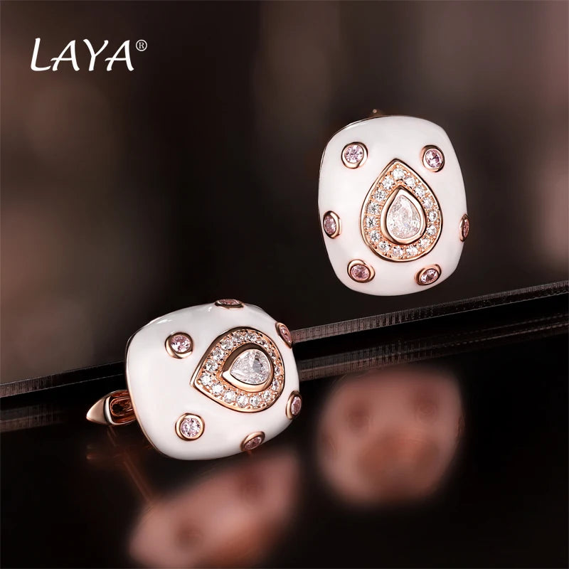 Laya 925 Sterling Silver Retro Style Shining Zircon Synthetic Crystal Blue Enamel Clip Earrings Ring Sets For Women Jewelry