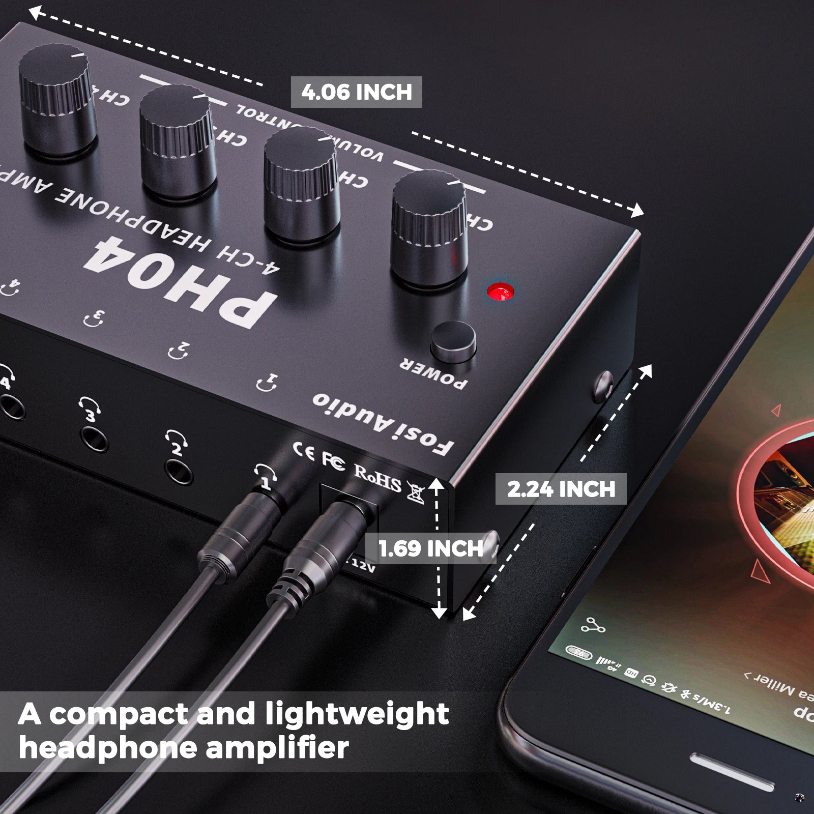 Fosi Audio PH04 4CH Headphone Amplifier Metal Stereo Audio Amp Ultra-Compact Portable Headphone Splitter Preamplifier for Studio