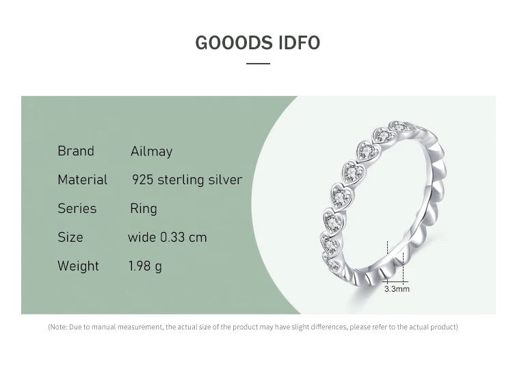 Ailmay Outentieke 925 Sterling Silwer Blink Deursigtige Sirkoon Romantiese Hart Stapelbare Vingerrring Vir Vroue Trou Verloof Juweliersware