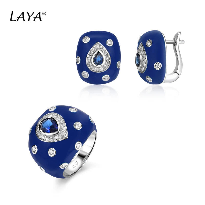 Laya 925 Sterling Silver Retro Style Shining Zircon Synthetic Crystal Blue Enamel Clip Earrings Ring Sets For Women Jewelry
