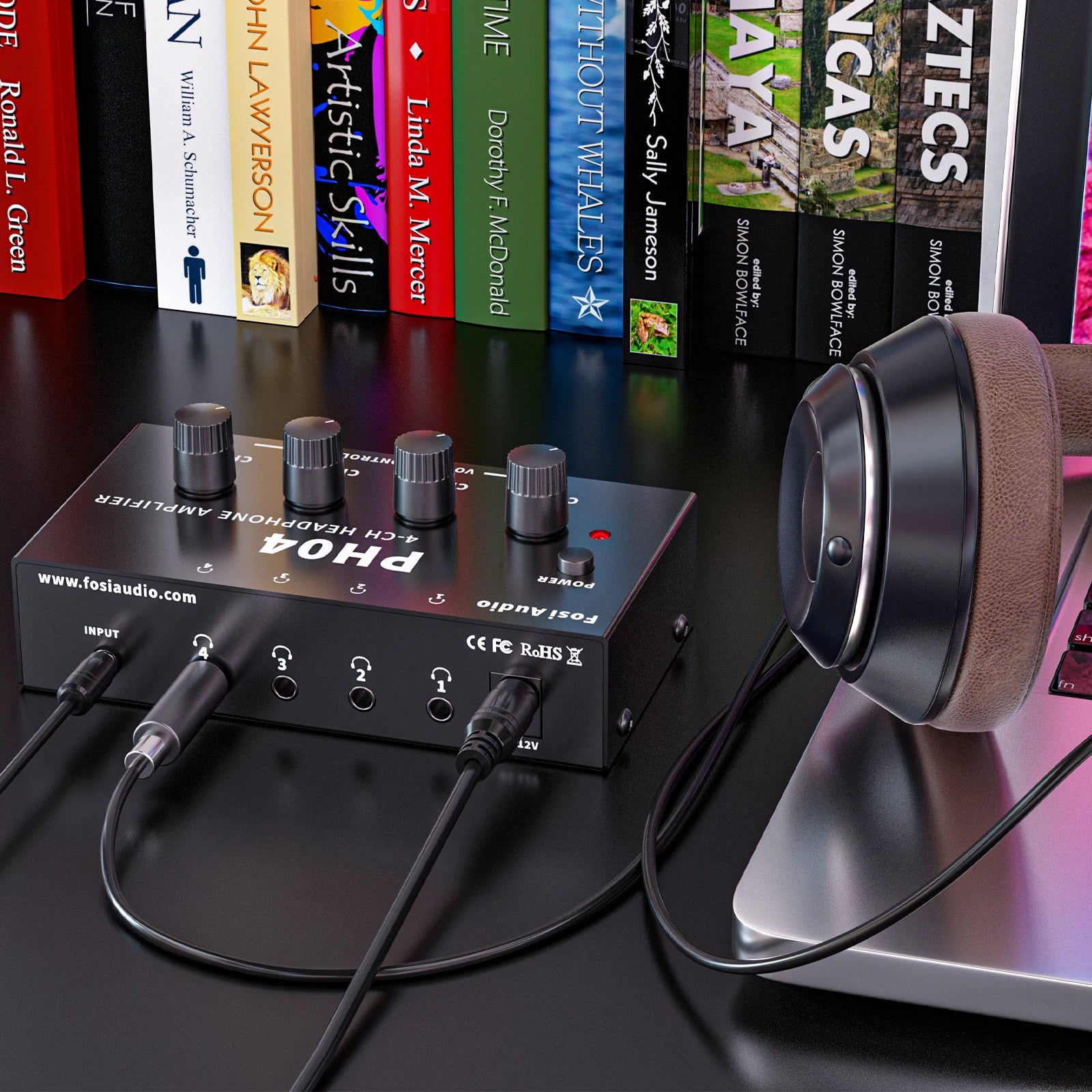 Fosi Audio PH04 4CH Headphone Amplifier Metal Stereo Audio Amp Ultra-Compact Portable Headphone Splitter Preamplifier for Studio